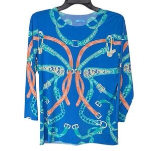 J. McLaughlin Long Sleeve Equestrian Print Top Size Small Stretch‎ Horses